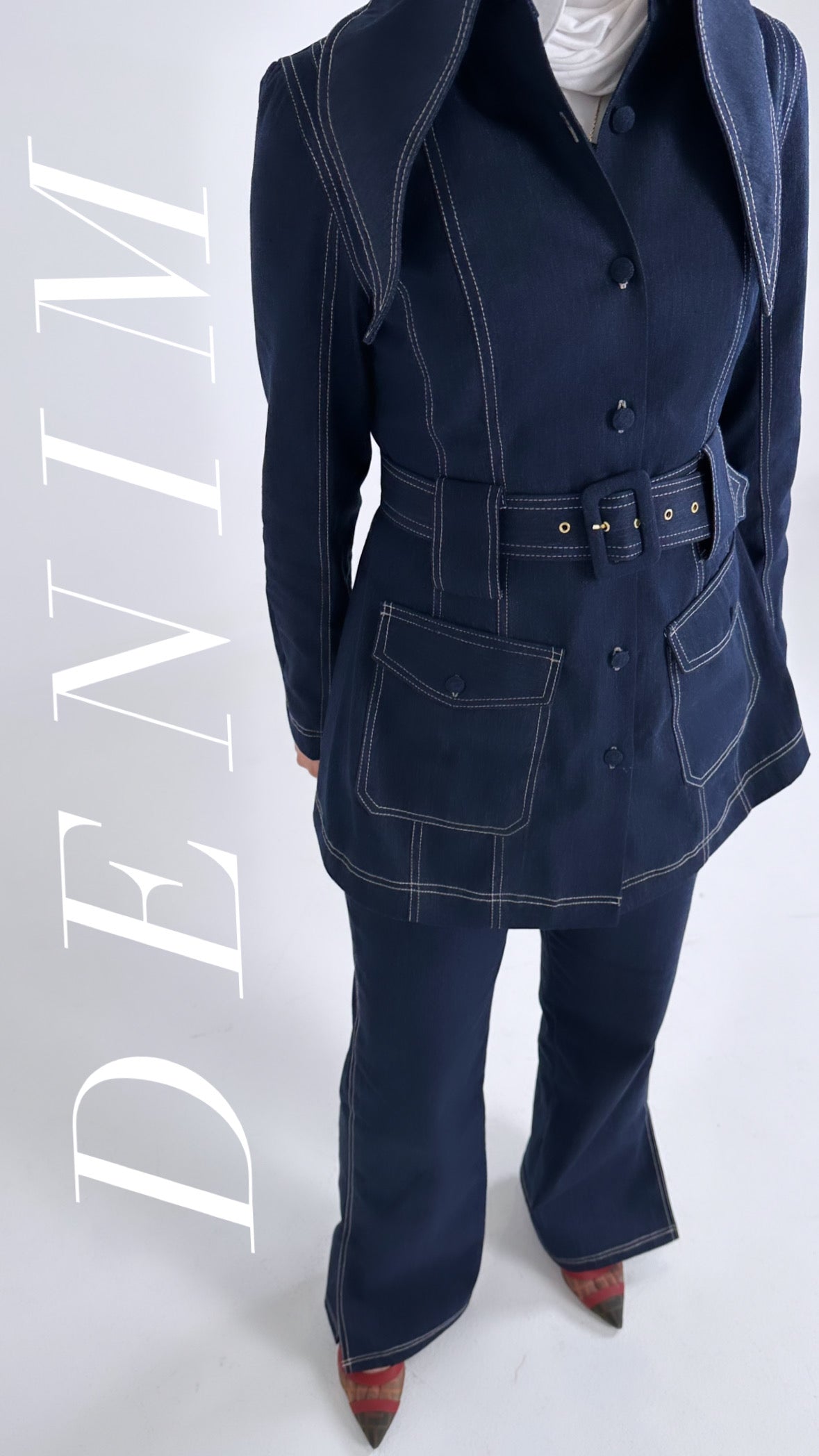 Denim belted blazer